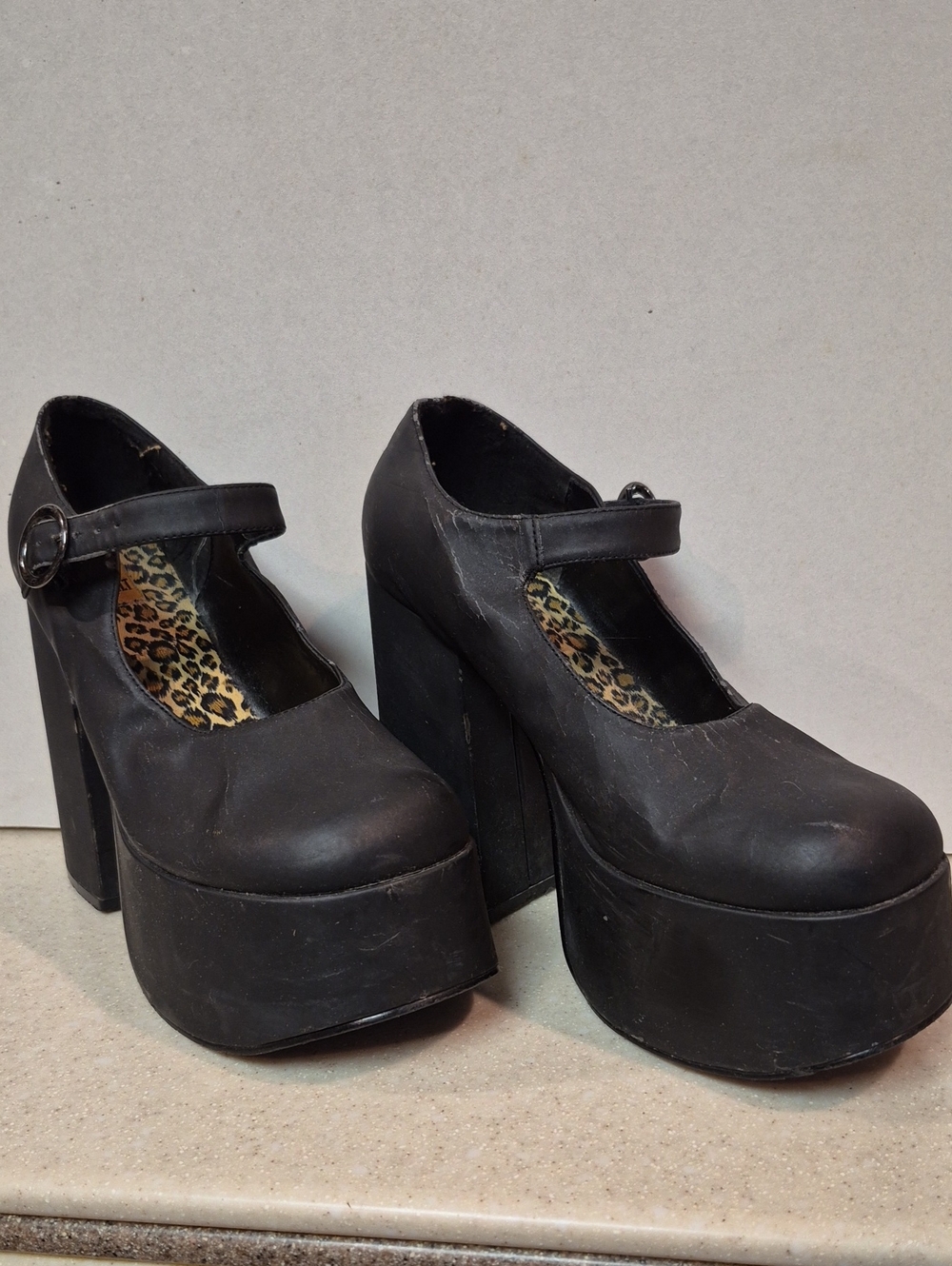 Asphalt Black Platform Mary Jane Heels with Leopard Insole